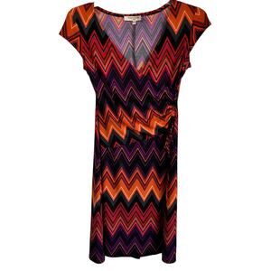 Evan Picone Dress Size 8 Chevron Multicolor, Faux Wrap, V-Neck Retro 90s Look